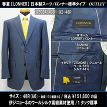 9508春夏【ZIGNONE×LONNER】日本製スーツ48R=A6(身長175胴囲82)艶ブルー系/シルクウール伊ジニョーネ生地/標準/151800円/アウトレット_画像1