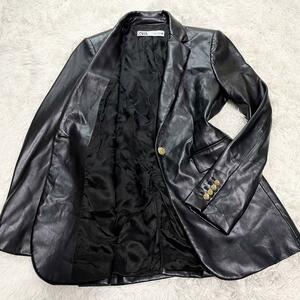 希少　ZARA テーラードジャケット　金ボタン　フェイクレザー　ブラック　M　ブレザー　スーツ　ジャケット　黒　テーラード