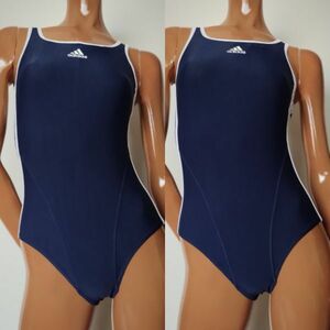 5【整理品リサイクル】アディダスadidas女子競泳水着2枚セット160(Lサイズ程度)★光沢濃紺ネイビー白ホワイトパイピング★男性も