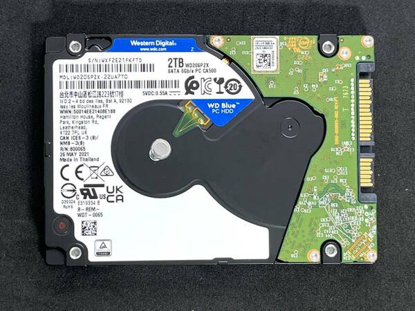 【送料無料】 ★ 2TB ★　WD Blue　/　WD20SPZX　【使用時間：2432ｈ】2021年製　Western Digital Blue　良品 2.5インチ内蔵HDD/7mm 即決 