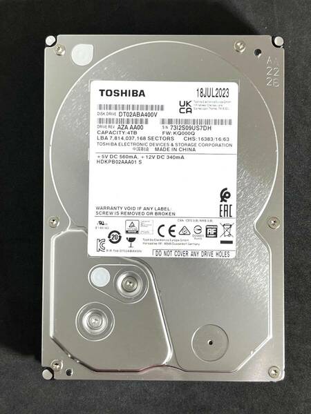 【送料無料】　★ 4TB ★　TOSHIBA / DT02ABA400V　【使用時間： 10 ｈ】　2023年製　新品同様　3.5インチ内蔵HDD　SATA　AVコマンド対応　