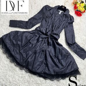 ダイアンフォンファステンバーグ DVF ワンピース 黒 スカート フレア レース 長袖 リボン 清楚 ブラック 開襟 カラー