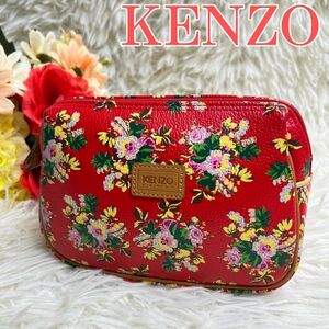 美品　KENZO ケンゾー　メイクポーチ 小物入れ 赤 レザー 本革 花柄 派手　アクセサリーポーチ　レッド　化粧ポーチ