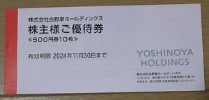 吉野家　株主優待　1冊　5000円分　有効期限2024年11月30日　送料無料　匿名配送ネコポスで送付