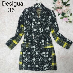 Desigual 36 Sチェスターコート ロングコート ドット柄 チェック柄