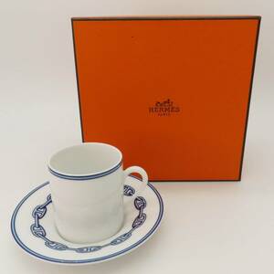 HERMES エルメス マグカップ＆ソーサーセット シェーヌダンクル 青×白 陶器 食器 A2300342