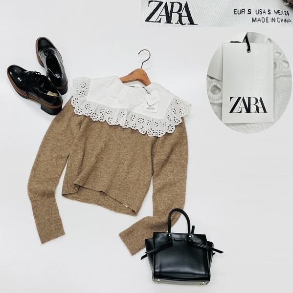 未使用品 /S/ ZARA ブラウン ウールブレンドレースセーター レディース タグ カジュアル 長袖トップス 大人可愛い ガーリー デイリー ザラ