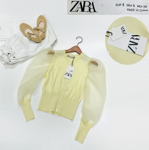 未使用品 /S/ ZARA イエロー パフスリーブブラウス レディース タグ カジュアル トップス 通勤 透け感 大人可愛い黄 羽織り デイリー ザラ