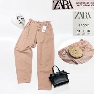 未使用品 ZARA ピンク バギーペーパーバッグパンツ ボタン レディース タグ カジュアルフェミニン大人可愛いレジャーガーリーデイリー ザラ