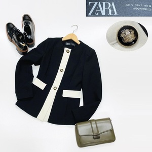 未使用品 /S/ ZARA ブラック コントラストテーラードブレザー レディースボタンオフィスカジュアル アウター 通勤 大人可愛いデイリー ザラ