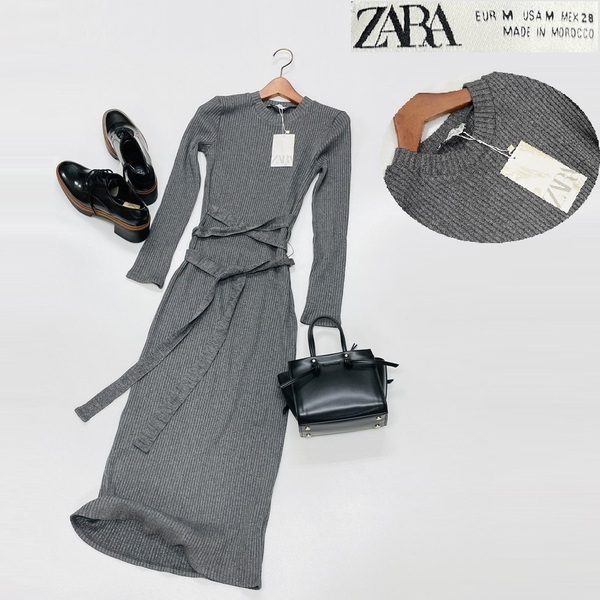 未使用品 /M/ ZARA グレー ベルトドレス 長袖ニットワンピース レディース タグ カジュアル フォーマル 大人可愛い 通勤 デイリー ザラ