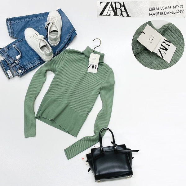 /M/ ZARA グリーン リブニットセーター レディース タグ カジュアル トップス ハイネック フェミニン 大人可愛い デイリー ザラ