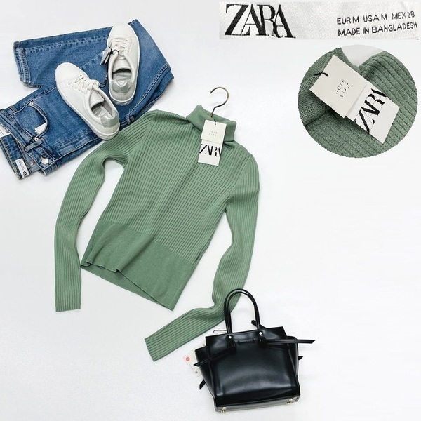 未使用品 /M/ ZARA グリーン リブニットセーター レディース タグ カジュアル トップス ハイネック フェミニン 大人可愛い デイリー ザラ