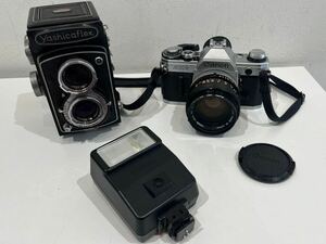 ☆【おまとめ 3点】フィルムカメラ 一眼レフ Canon AE-1 yashica flex フラッシュ SPEEDLITE 155A ボディブラック 等 ジャンク品