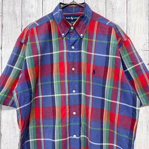 ラルフローレン Ralph Lauren BLAKE チェックシャツ 半袖シャツ メンズ ワンポイント コットン100% Mサイズ 5‐363