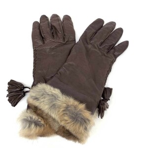 ◆GLOVES by FRATELLI FORINO グローブスbyフラテッリフォリノ 手袋 7 1/2◆ ブラウン レザー カシミヤ100% ラビット レディース