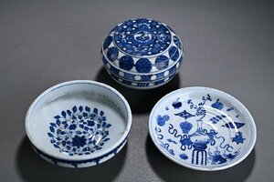 【華】某有名収集家買取品 時代物 古伊万里「玉輪斎左平造・大清雍正年製」在銘 染付き茶煎道具三点セット 骨董品 古美術YA230425-QU