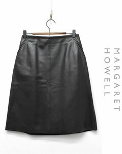 HGC-D376/美品 イギリス製 MARGARET HOWELL レザー ひざ丈台形スカート 本革 牛革 1 S 黒