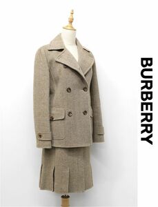 HGD-Q248/美品 BURBERRY LONDON ツイード セットアップ ダブルフェイス Pコート ジャケット ひざ丈スカート ヘリンボーン柄 40 38 M~L 茶