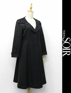 D390/未使用 TOKYO SOIR 東京ソワール ロングコート 総柄 光沢 13 XL 黒 日本製