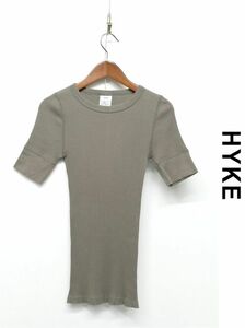 E344/美品 23AW HYKE ハイク 半袖リブニットカットソー クルーネック ストレッチ M モスグレー