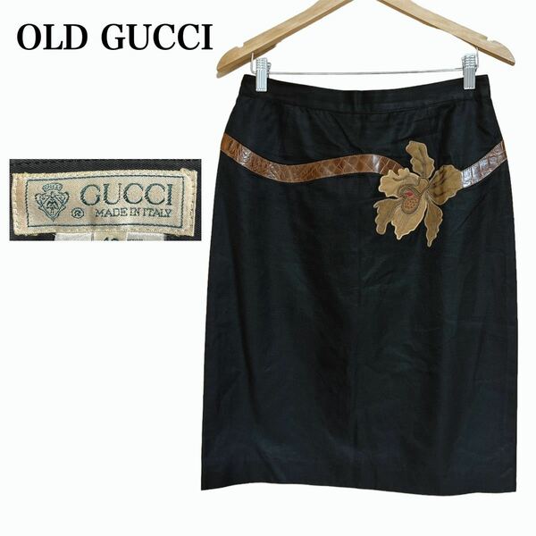 イタリア製OLD GUCCI オールドグッチ レザーパッチ 花柄 スカート 46 レディース