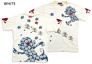 並び猿半袖Tシャツ◆悟空本舗 ホワイトXLサイズ LGT-5981A ゴクー 和柄 和風 桜 さくら お猿さん