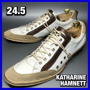 管理■KATHRINE HAMNETT 24.5cm 白 ホワイト キャサリンハムネット 革靴 レザー シューズ 本革 カジュアル 中古 *BA097