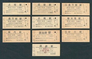 昭和６０～６２年　　占冠・振内・長万部×２・函館　大・小・原当麻・小樽・砂川・新大滝駅　　１４０円　入場券　色々１０枚　①