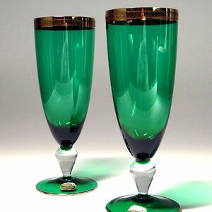 慶應◆BOHEMIA ボヘミア グリーンガラス エッチング金彩装飾 シャンパンフルートペア