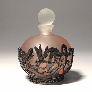 慶應◆フランス アール・ヌーヴォー様式 ガラス香水瓶 トンボに花々文透装飾ホルダー