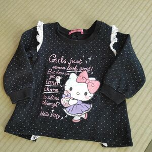 90　黒　ドット　トレーナー　Tシャツ　キティ　ハローキティ　フリル　レース 長袖Tシャツ 長袖 子供服