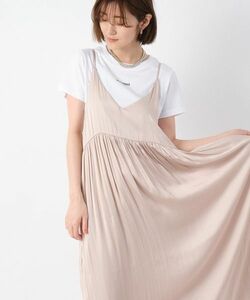 【RIVE DROITE】サテンキャミワンピース ライトベージュ Aライン 体型カバー 消しプリーツ 体型カバー 妊婦 リヴドロワ