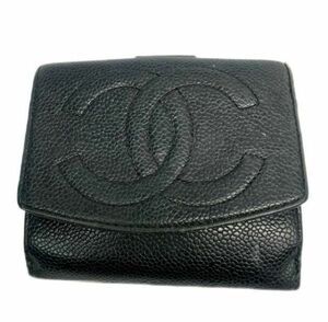 仙28 CHANEL ココマーク キャビアスキン 二つ折り 財布 シャネル ウォレット ブラック レザー