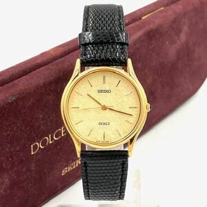 仙36【稼働】SEIKO DOLCE 8J41-6100 腕時計 クォーツ ゴールド文字盤 アナログ ラウンド 3針 セイコー ドルチェ 箱付き