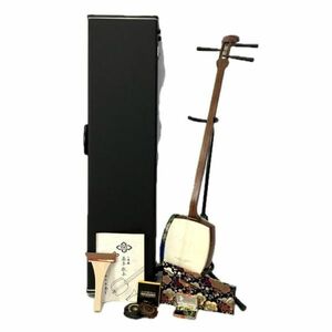 仙53 三味線 短棹 中棹 花模様 弦楽器 和楽器 ハードケース付き 撥 バチ 付属品あり