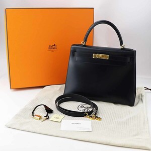 HERMES エルメス Kelly ケリー28 ボックスカーフ ブラック ノワール □G刻印 ゴールド金具【代引き無料】バッグ【中古】23180441