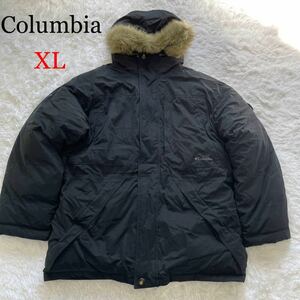 1円〜Columbia Sportswear Company コロンビア ダウンジャケット ロゴ刺繍 裏地総ロゴ フェイクファー取り外し可能 2way ブラック XL