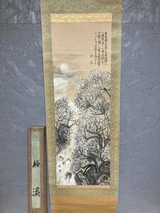 Art hand Auction 【2A25】掛軸 日本画 掛け軸 梅渓 玄雪枝 月下清流 漢翁禅師 梅の花 田村初畫 初画 風景 山水 雪景色, 絵画, 日本画, 花鳥, 鳥獣