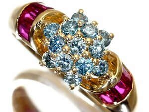 1円～【ジュエリー極】瑞々しい輝き！良質天然ブルーダイヤモンド0.54ct＆良質天然ルビー0.58ct 高級K18YGリング k8230kv【送料無料】