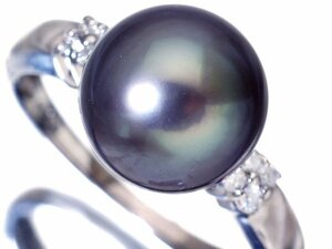 1円～【ジュエリー極】美しい艶と照り！良質南洋ブラックパール10ｍｍ珠＆ダイヤモンド0.08ct 高級K14WGリング t3956ig【送料無料】