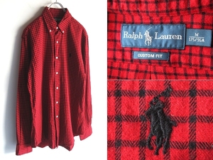 Ralph Lauren ラルフローレン CUSTOM FIT ポロポニーロゴ刺繍 チェックネルシャツ BDシャツ M レッド ブラック 赤黒 国内正規品