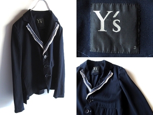 Y's ワイズ Yohji Yamamoto ヨウジヤマモト アシンメトリー テープデザイン スリットタブ ウール ジャケット 2 ネイビー 紺 日本製