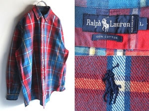 希少 ビンテージ Polo by Ralph Lauren ラルフローレン ポロポニーロゴ刺繍 チェックネルシャツ BDシャツ L レッド ネイビー RN41381正規