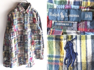 良好 Ralph Lauren ラルフローレン ポロポニーロゴ刺繍 コットン マドラスチェック クレイジーパッチワーク BDシャツ L マルチ インド製