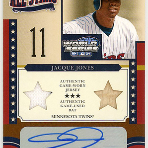 TWINS-CUBS△JACQUE JONES/2004 DONRUSS WORLD SERIES PLAYOFF ALL-STARSジャージ&バットサイン #100!の画像1