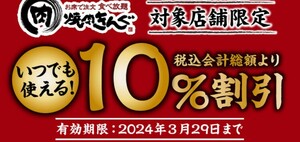 焼肉きんぐ　10%割引　対象店舗限定　クーポン