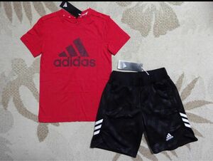 新品★adidasアディダス★130★快適!!半袖Ｔシャツ(レッド/赤)・軽量快適!!グラフィックハーフパンツ(ブラック)★上下