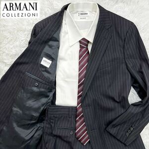 【極美品XXLサイズ!!】ARMANI COLLEZIONI アルマーニコレッツォーニ セットアップ スーツ ストライプ ブラック ウール シルク 2B メンズ 52