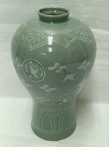・韓国　高麗青磁　峰鶴造　丸紋鶴松瓢型花瓶　飾り壺